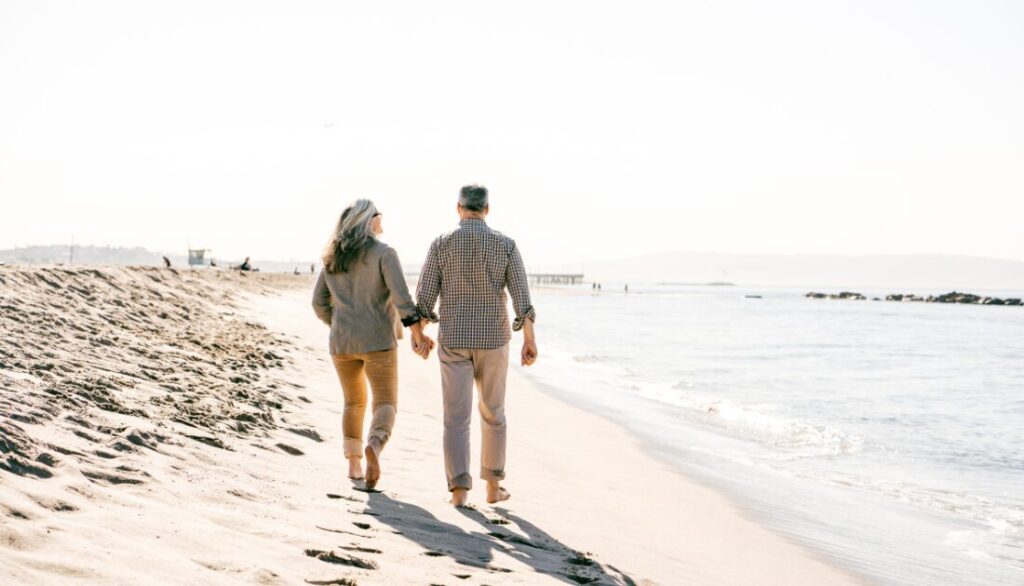 How to calculate retirement savings needs - retired Couple walking on a beach