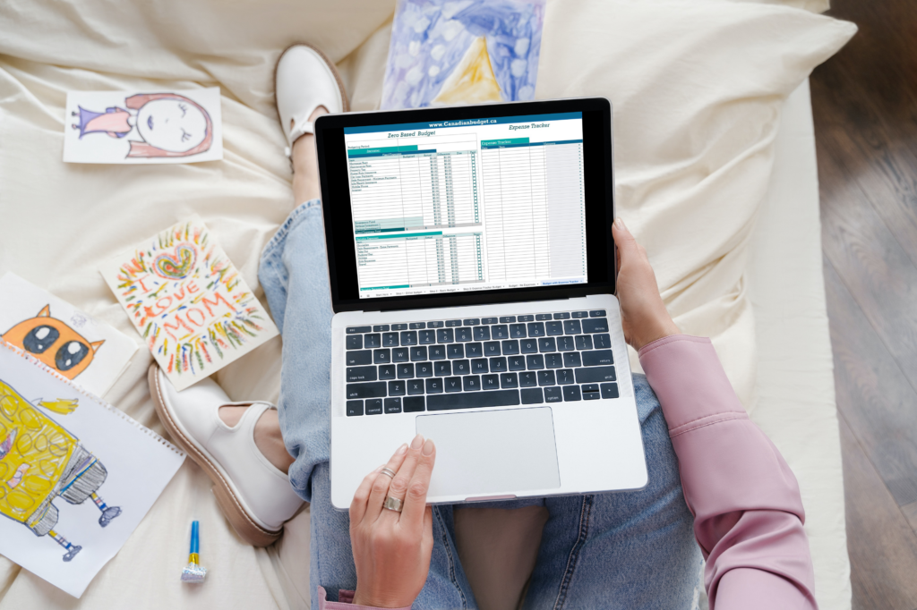 Woman using digital budget spreadsheet